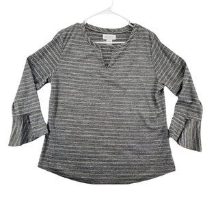 LIZ CLAIBORNE Shirt Women's 3/4 Bell Sleeve V-Neck Striped Metallic Gray Large